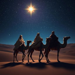 The Three Wise Men from the East sitting atop their three camels, slowly journeying through a vast desert landscape under a beautifully twinkling starry night sky