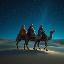 The Three Wise Men from the East sitting atop their three camels, slowly journeying through a vast desert landscape under a beautifully twinkling starry night sky