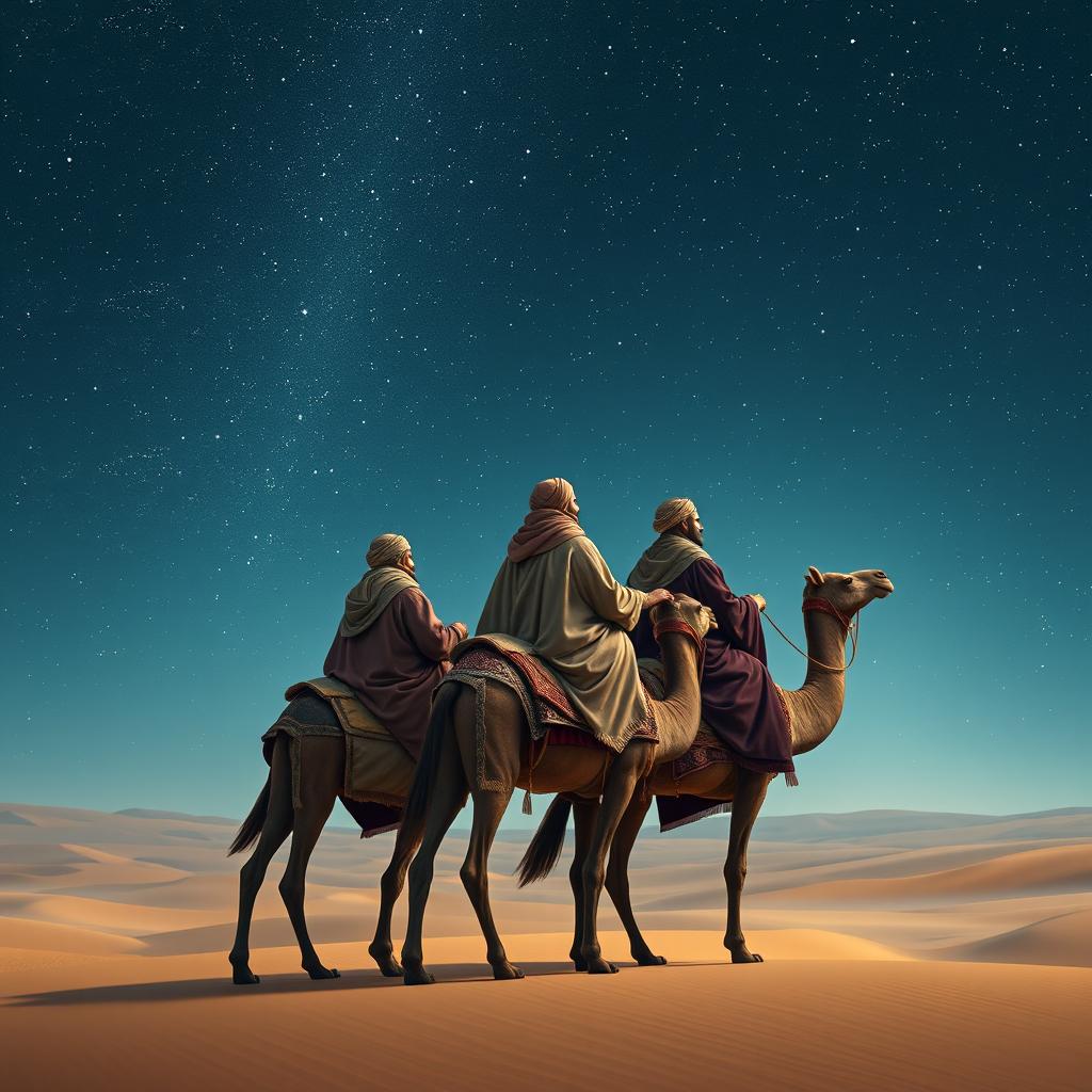 The Three Wise Men from the East sitting atop their three camels, slowly journeying through a vast desert landscape under a beautifully twinkling starry night sky