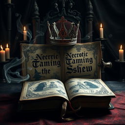 A dark and gruesome royal scene featuring a spell-book bound in ancient, worn leather, with intricate and sinister designs etched onto the cover