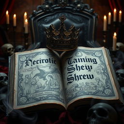 A dark and gruesome royal scene featuring a spell-book bound in ancient, worn leather, with intricate and sinister designs etched onto the cover