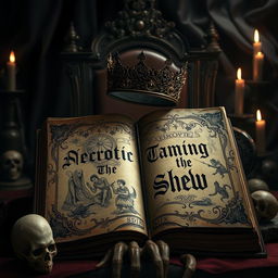 A dark and gruesome royal scene featuring a spell-book bound in ancient, worn leather, with intricate and sinister designs etched onto the cover