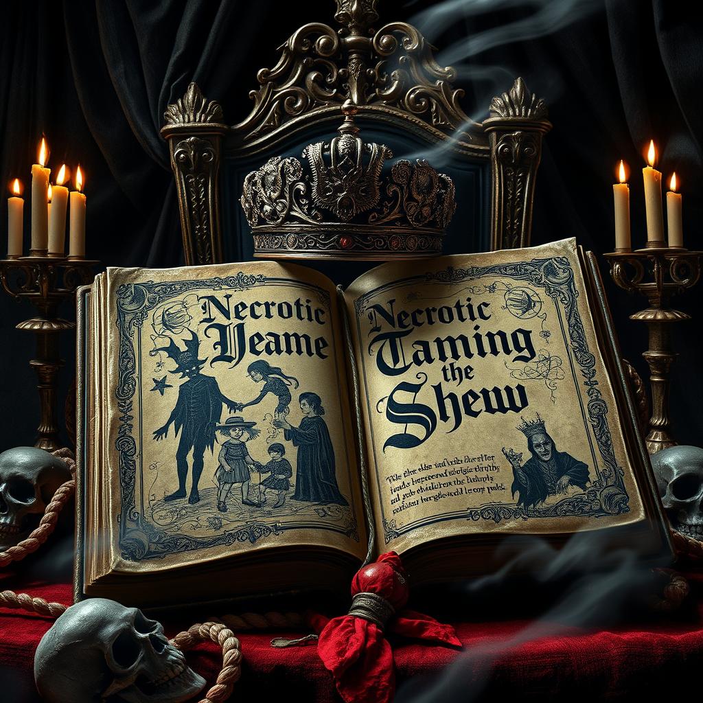 A dark and gruesome royal scene featuring a spell-book bound in ancient, worn leather, with intricate and sinister designs etched onto the cover