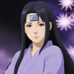 Generate an image of Hanabi Hyuga, a character from Naruto. She has long dark hair, pale eyes with a tint of lavender and is usually seen in traditional shinobi attire.