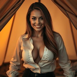 A striking and alluring scene of a woman resembling the adult star Bryci, elegantly crawling into a cozy tent