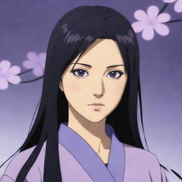 Generate an image of Hanabi Hyuga, a character from Naruto. She has long dark hair, pale eyes with a tint of lavender and is usually seen in traditional shinobi attire.