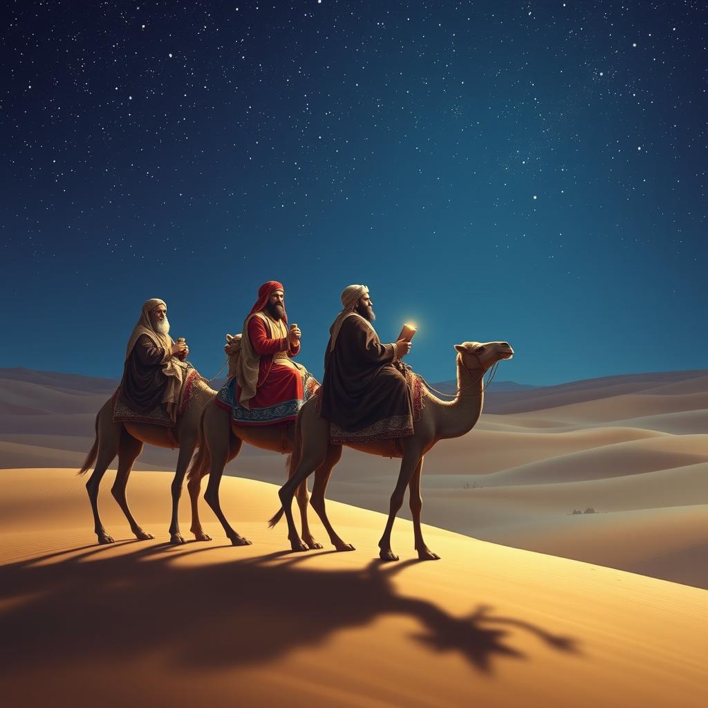 The Three Wise Men from the East sitting on their three camels, traveling into the distance through a vast desert under a starry night sky