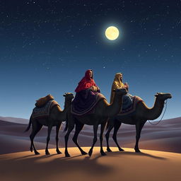 The Three Wise Men from the East sitting on their three camels, traveling into the distance through a vast desert under a starry night sky