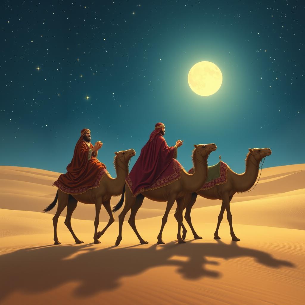 The Three Wise Men from the East sitting on their three camels, traveling into the distance through a vast desert under a starry night sky