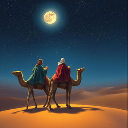 The Three Wise Men from the East sitting on their three camels, traveling into the distance through a vast desert under a starry night sky