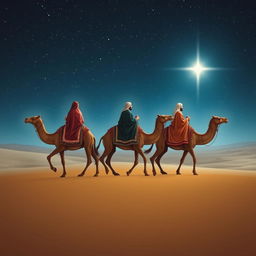 The Three Wise Men from the East, seated upon their three camels, gracefully travel into the distance across a vast desert scene under a luminous, starry night sky