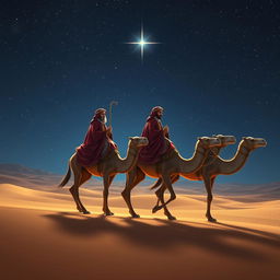 The Three Wise Men from the East, seated upon their three camels, gracefully travel into the distance across a vast desert scene under a luminous, starry night sky