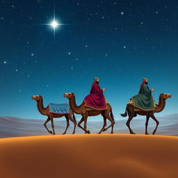 The Three Wise Men from the East, seated upon their three camels, gracefully travel into the distance across a vast desert scene under a luminous, starry night sky