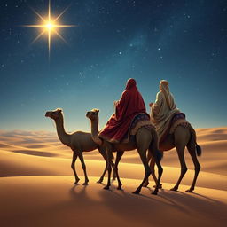 The Three Wise Men from the East, seated upon their three camels, gracefully travel into the distance across a vast desert scene under a luminous, starry night sky