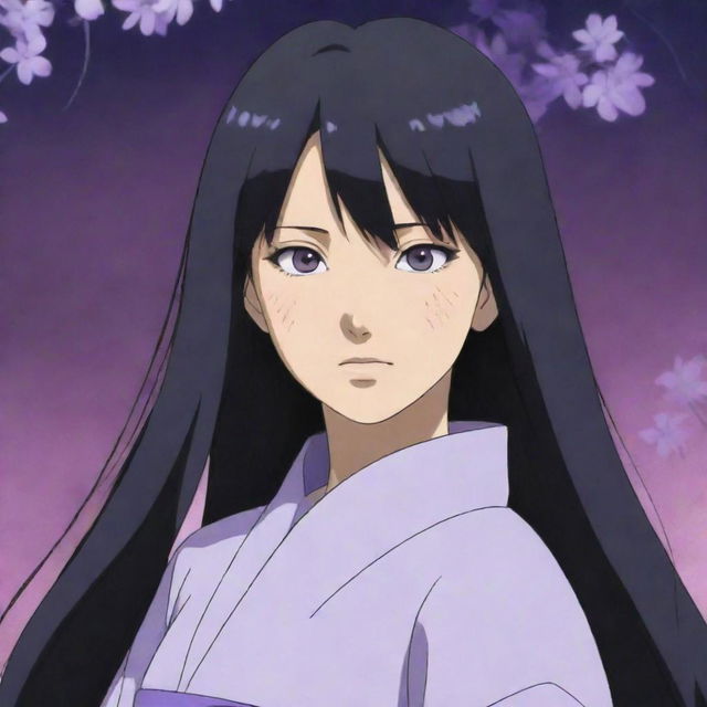 Generate an image of Hanabi Hyuga, a character from Naruto. She has long dark hair, pale eyes with a tint of lavender and is usually seen in traditional shinobi attire.