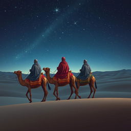 The Three Wise Men from the East, seated on their three camels, journeying into the horizon across a vast desert, illuminated by a mesmerizing starry night sky