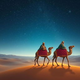 The Three Wise Men from the East, seated on their three camels, journeying into the horizon across a vast desert, illuminated by a mesmerizing starry night sky