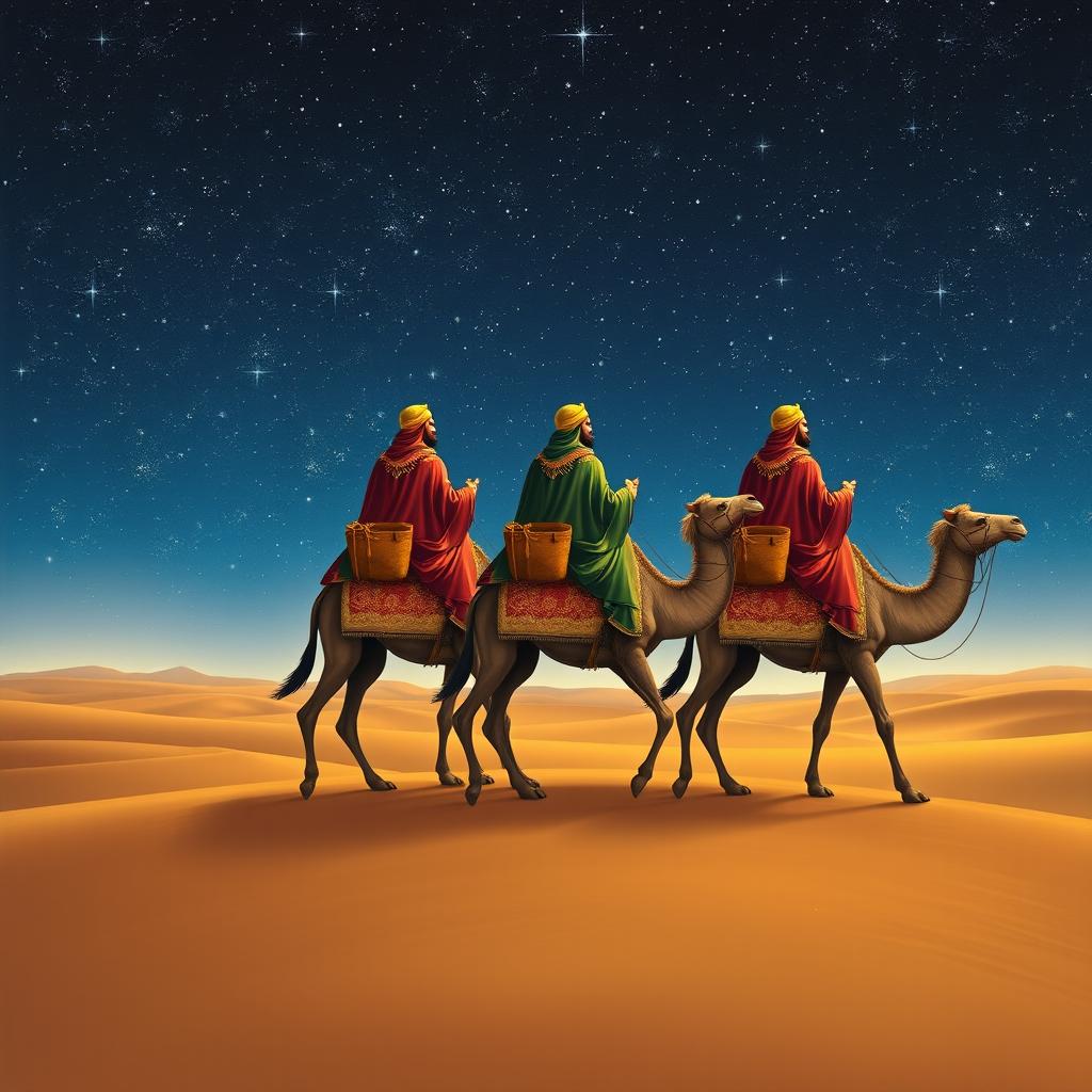 The Three Wise Men from the East, seated on their three camels, journeying into the horizon across a vast desert, illuminated by a mesmerizing starry night sky