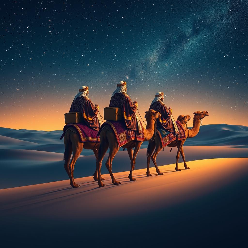 The Three Wise Men from the East, seated on their three camels, journeying into the horizon across a vast desert, illuminated by a mesmerizing starry night sky