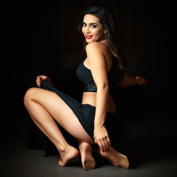 An alluring scene of a woman slowly raising her black skirt from her knees, sitting back with her legs stretched out on either side, creating an inviting and intimate atmosphere