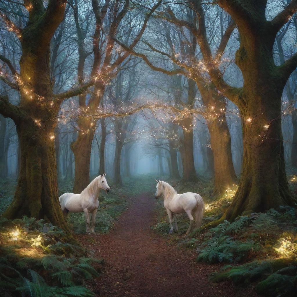 An enchanting forest inhabited with magical creatures like unicorns, fairy-like birds and whimsical trees glowing with mysterious lights.