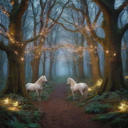 An enchanting forest inhabited with magical creatures like unicorns, fairy-like birds and whimsical trees glowing with mysterious lights.