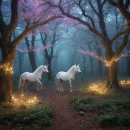 An enchanting forest inhabited with magical creatures like unicorns, fairy-like birds and whimsical trees glowing with mysterious lights.