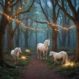 An enchanting forest inhabited with magical creatures like unicorns, fairy-like birds and whimsical trees glowing with mysterious lights.