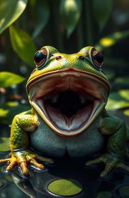 A highly detailed and realistic image of a frog gaping its mouth wide open, showcasing its vibrant green skin texture and intricate features such as bulging eyes, webbed feet, and a detailed throat inside the open mouth