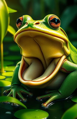 A highly detailed and realistic image of a frog gaping its mouth wide open, showcasing its vibrant green skin texture and intricate features such as bulging eyes, webbed feet, and a detailed throat inside the open mouth