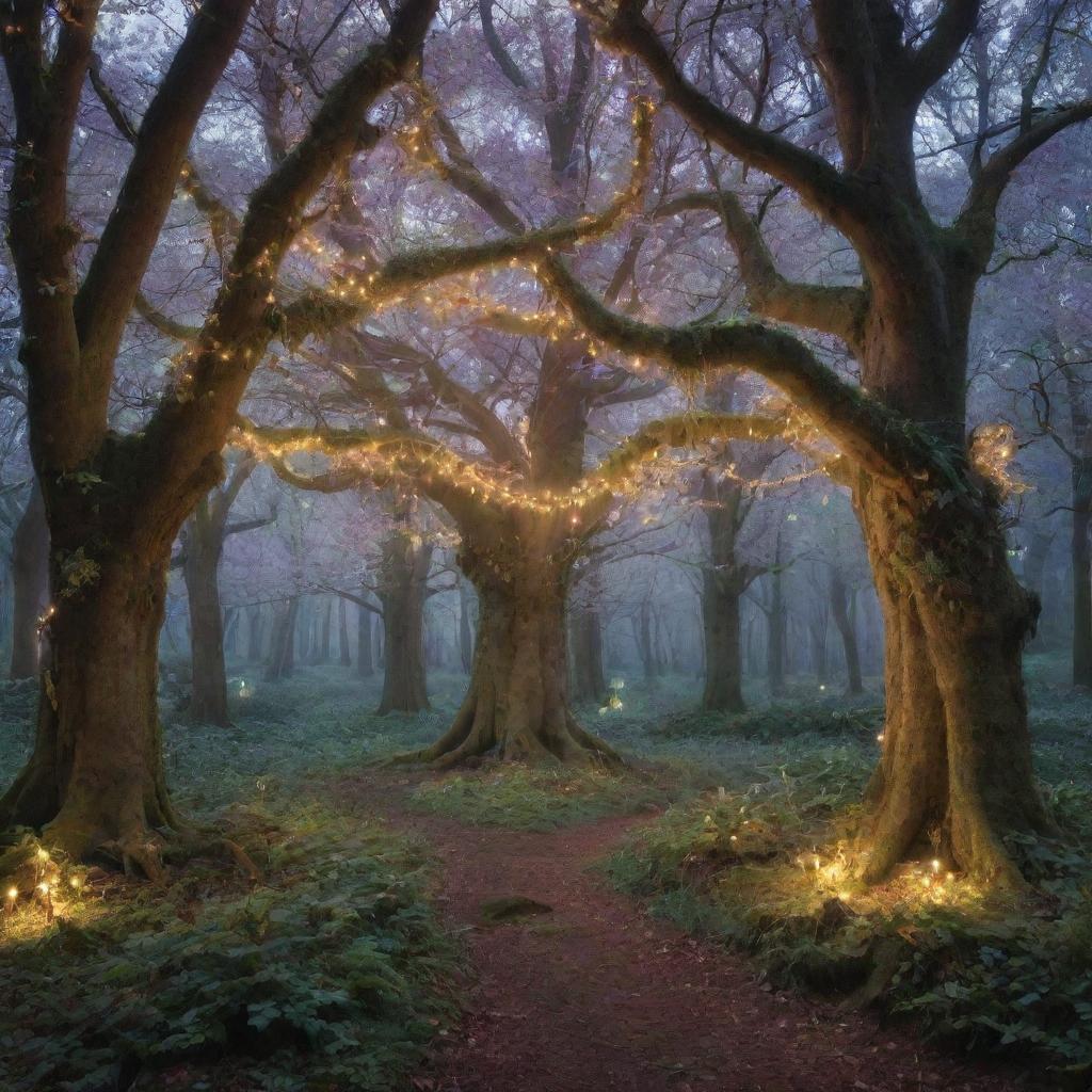 An enchanting forest inhabited with magical creatures like unicorns, fairy-like birds and whimsical trees glowing with mysterious lights.