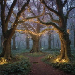 An enchanting forest inhabited with magical creatures like unicorns, fairy-like birds and whimsical trees glowing with mysterious lights.