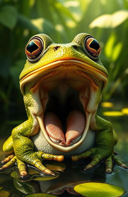 A highly detailed and realistic image of a frog gaping its mouth wide open, showcasing its vibrant green skin texture and intricate features such as bulging eyes, webbed feet, and a detailed throat inside the open mouth