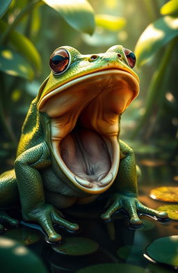 A highly detailed and realistic image of a frog gaping its mouth wide open, showcasing its vibrant green skin texture and intricate features such as bulging eyes, webbed feet, and a detailed throat inside the open mouth