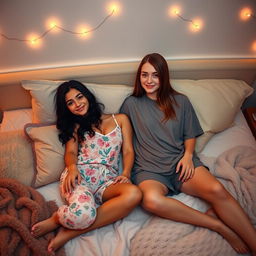 A cozy setting featuring two teenage girls in bed together, both brunettes: one short Latina with long, dark wavy hair, wearing a cute, colorful tank top and soft pajama bottoms, and a tall white girl with straight brown hair, dressed in an oversized t-shirt and comfortable shorts