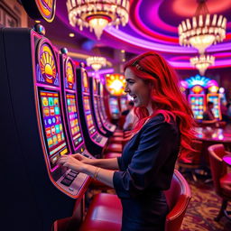 A young woman with vibrant red hair, wearing a stylish outfit, excitedly playing a colorful slot machine in a bustling casino