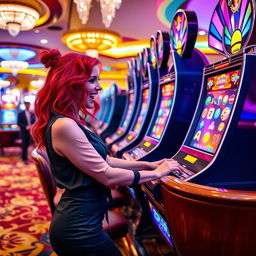 A young woman with vibrant red hair, wearing a stylish outfit, excitedly playing a colorful slot machine in a bustling casino