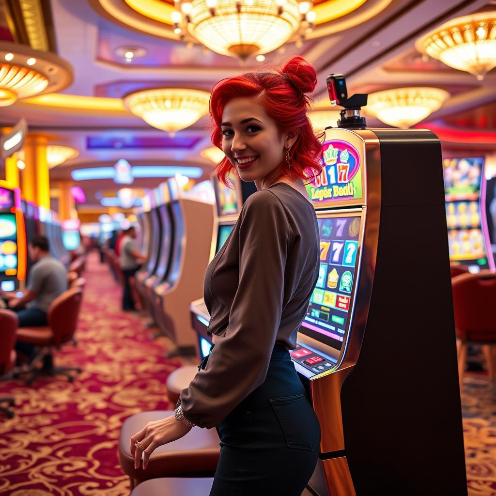 A young woman with vibrant red hair, wearing a stylish outfit, excitedly playing a colorful slot machine in a bustling casino