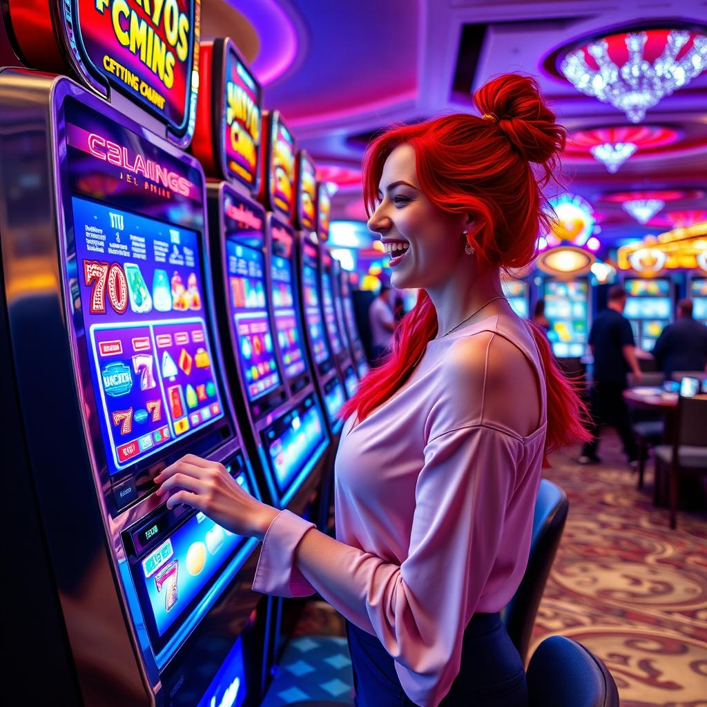 A young woman with vibrant red hair, wearing a stylish outfit, excitedly playing a colorful slot machine in a bustling casino