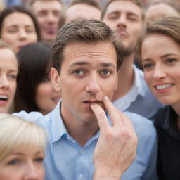 A captivating image of a man sharing a secret, whispering something important into a crowd of attentive people