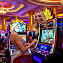 A young woman with striking blonde hair, dressed in an elegant, shimmering dress, joyfully playing a bright and ornate Zeus-themed slot machine in a lively casino