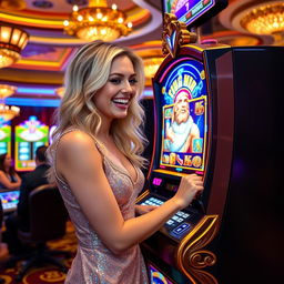 A young woman with striking blonde hair, dressed in an elegant, shimmering dress, joyfully playing a bright and ornate Zeus-themed slot machine in a lively casino