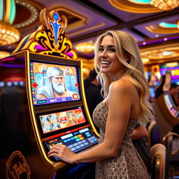 A young woman with striking blonde hair, dressed in an elegant, shimmering dress, joyfully playing a bright and ornate Zeus-themed slot machine in a lively casino