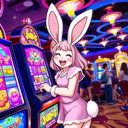 A playful bunny girl, featuring long floppy ears and a fluffy tail, wearing a cute and colorful bunny-themed outfit, joyfully playing a vibrant slot machine decorated with whimsical graphics in a lively casino