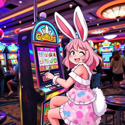 A playful bunny girl, featuring long floppy ears and a fluffy tail, wearing a cute and colorful bunny-themed outfit, joyfully playing a vibrant slot machine decorated with whimsical graphics in a lively casino