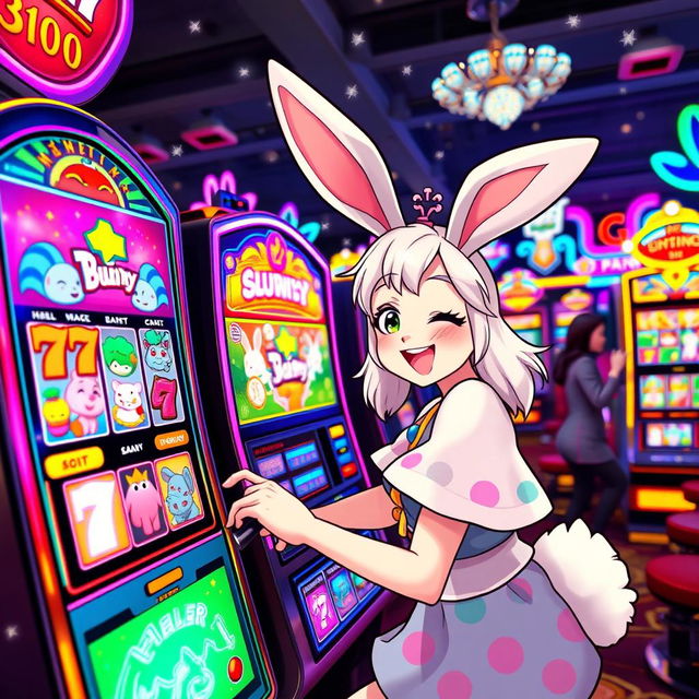 A playful bunny girl, featuring long floppy ears and a fluffy tail, wearing a cute and colorful bunny-themed outfit, joyfully playing a vibrant slot machine decorated with whimsical graphics in a lively casino