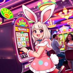 A playful bunny girl, featuring long floppy ears and a fluffy tail, wearing a cute and colorful bunny-themed outfit, joyfully playing a vibrant slot machine decorated with whimsical graphics in a lively casino