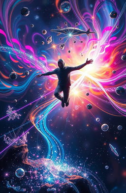 A captivating representation of quantum jumping, illustrating a vivid scene where a figure is in the act of leaping between different dimensions