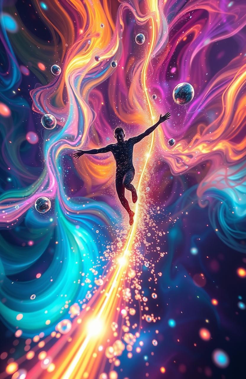 A captivating representation of quantum jumping, illustrating a vivid scene where a figure is in the act of leaping between different dimensions