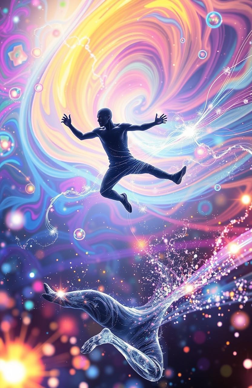 A captivating representation of quantum jumping, illustrating a vivid scene where a figure is in the act of leaping between different dimensions